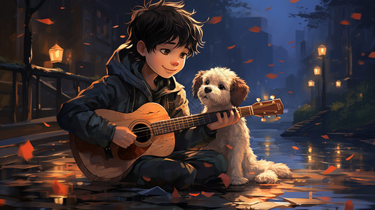 男孩和小狗在河边弹吉他图片
