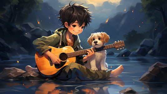 弹吉他的男孩和小狗背景图片