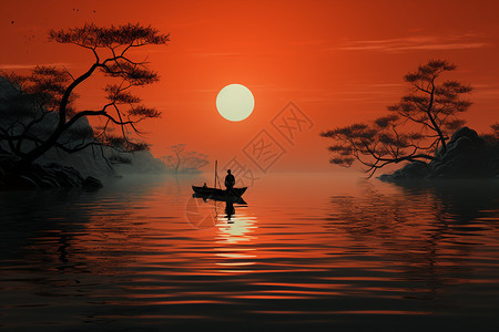 日落时划船的人物图片