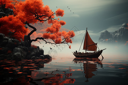 湖边的小船和树木图片