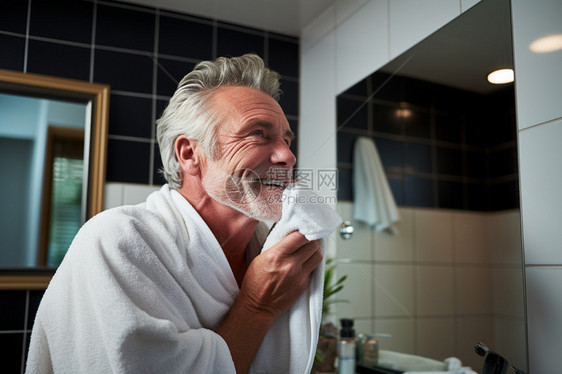 镜子前洗漱完的老人图片