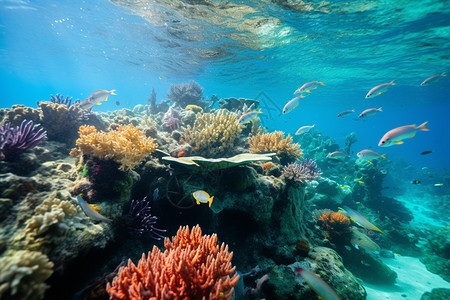 热带海面下的珊瑚礁图片