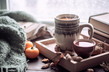 冬季窗边温暖的咖啡图片