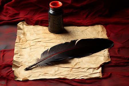 书写书信的墨水和羽毛笔背景图片