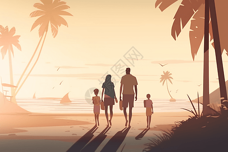 夏天海边度假的一家人图片