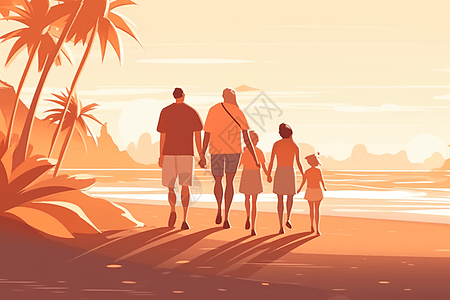 幸福海边度假的一家人图片