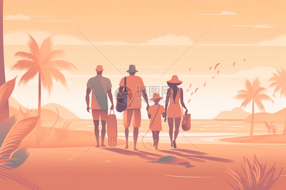 家庭海边度假的平面插图图片