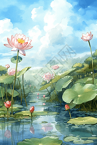 宁静荷花池中的景色插图图片