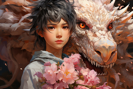 龙与抱着花的男孩背景图片
