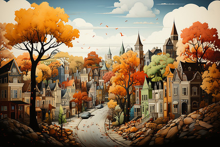 树木包围的城市插画图片