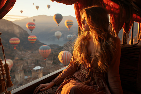 坐在热气球里的女生望着风景图片