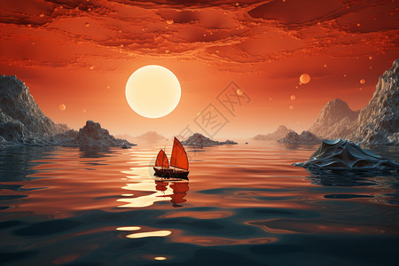 日出湖面的船图片