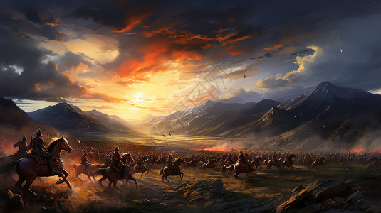战争天空蒙古草原上的战争场面插画