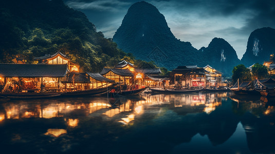 山林村庄夜景图片