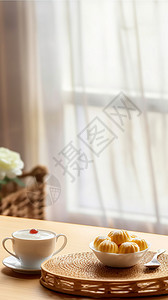 白色窗帘木纹彩色桌面桌一些甜点背景图片