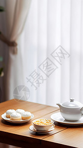 白色窗帘木纹彩色桌面桌一些甜点图片