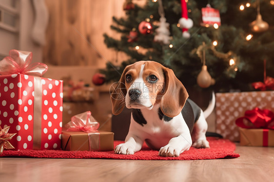 小狗和圣诞礼物图片