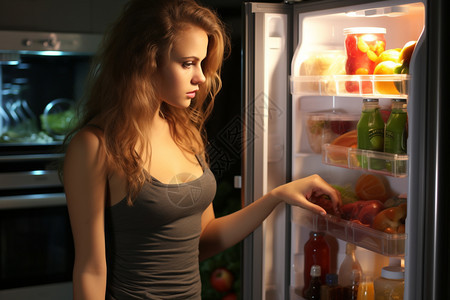 冰箱找食物的女孩图片