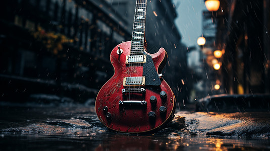 雨天街道上的吉他图片