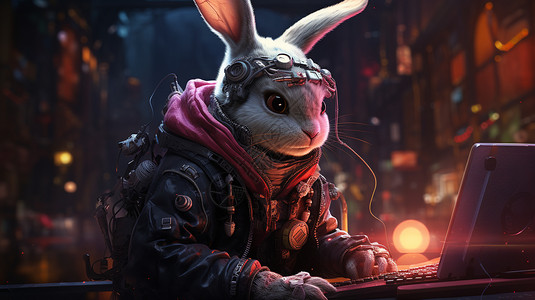 操作笔记本电脑的兔子图片