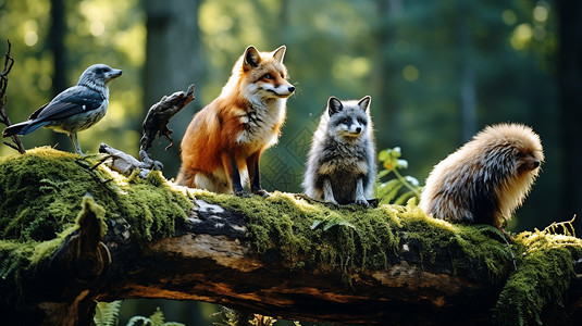 森林里的小动物树干上的小动物背景