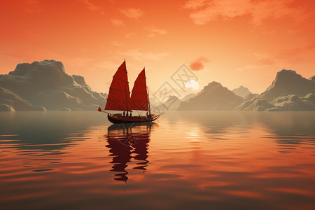 日出帆船湖中的帆船设计图片