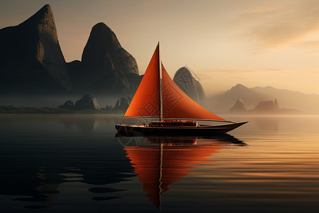 橙色的船和一个人图片