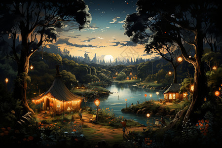 户外森林露营创意插图图片