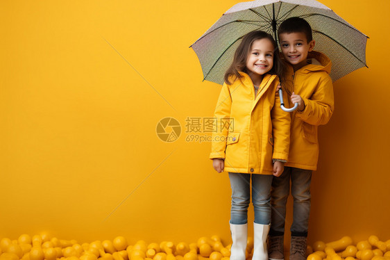 秋季撑雨伞的兄妹图片