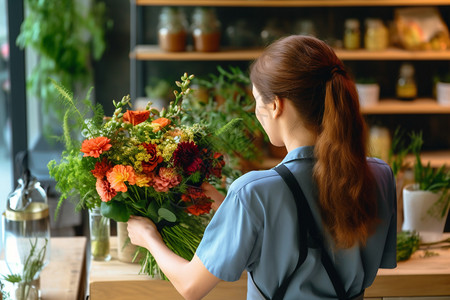 正在打包花束的花艺师图片