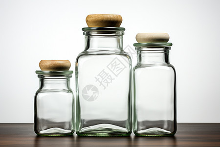木桌上的空玻璃罐子背景图片