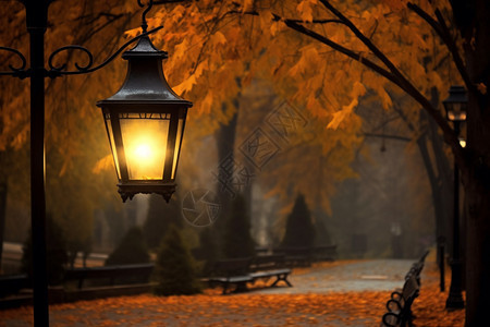 秋季宁静公园里的路灯图片
