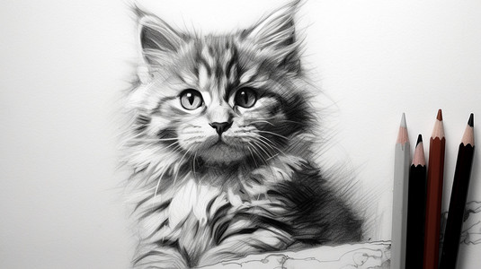 铅笔黑白可爱的小猫插画插画
