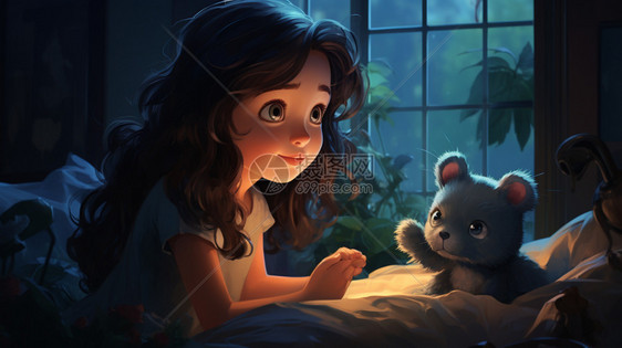 女孩跟小熊说话图片