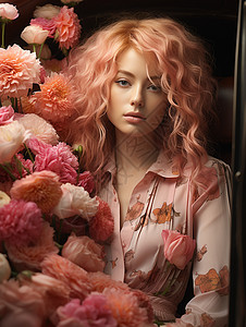 粉色炫彩梦幻般被鲜花包围的女子背景