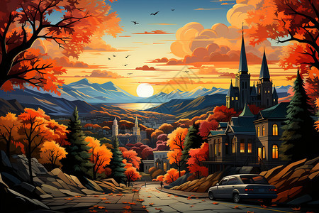 迷人的秋天色彩城市景观图片