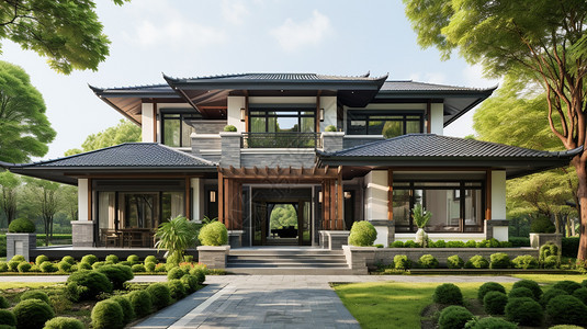 新中式豪华别墅建筑景观背景图片