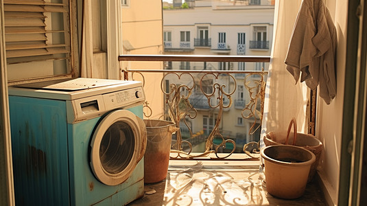 破旧的阳台洗衣机图片