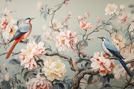 传统花卉和鸟类图案插图图片