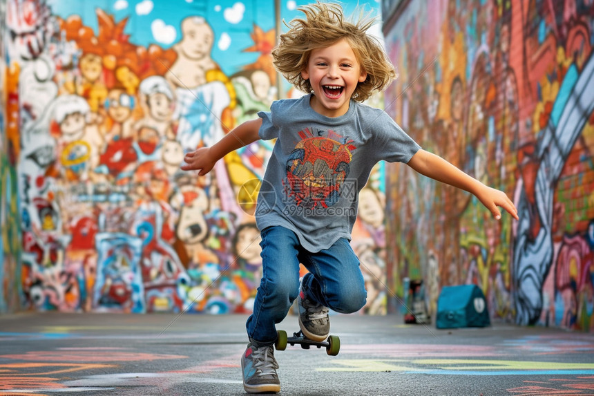 城市街头玩滑板的小男孩图片