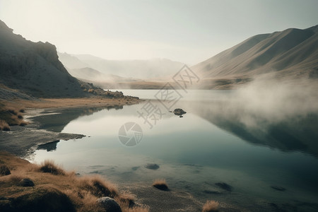 清晨薄雾弥漫的湖泊背景图片