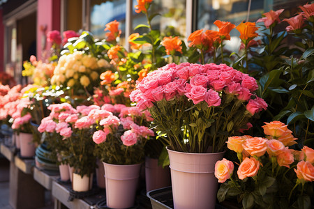 花店橱窗夏季花店外的鲜花盆栽背景