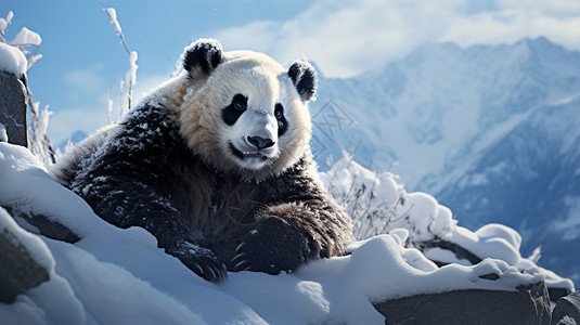 冬天山间雪地上的熊猫背景图片