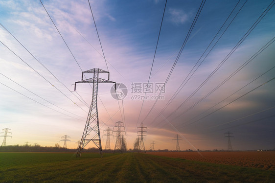 落日时田野中的电力塔图片