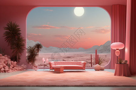 粉色创意北京极简创意的粉色沙漠室内场景插画