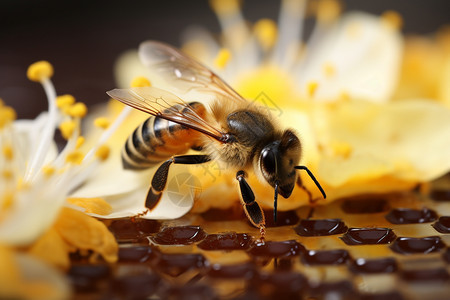 蜜蜂采蜜的特写镜头图片