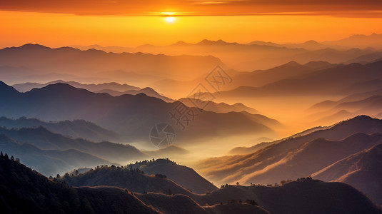 日出山间迷雾笼罩的景观图片
