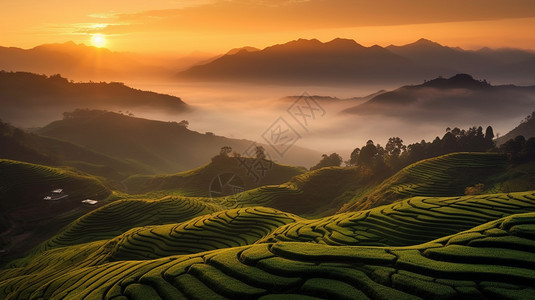 郁郁葱葱的乡村农业梯田景观图片