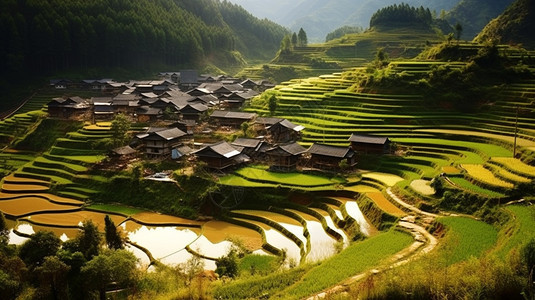 夏季丘陵山间的梯田景观图片