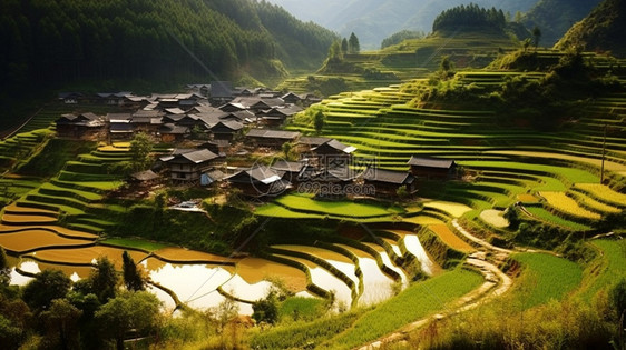 夏季丘陵山间的梯田景观图片